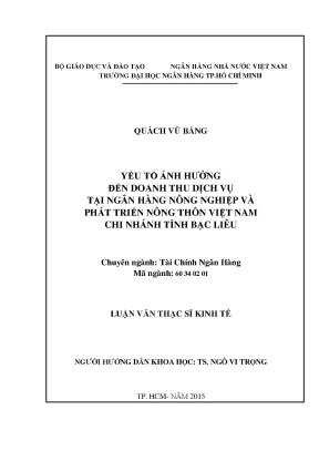 Luận văn yếu tố ảnh hưởng đến doanh thu dịch vụ tại ngân hàng nông nghiệp và phát triển nông thôn việt nam chi nhánh tỉnh bạc liêu