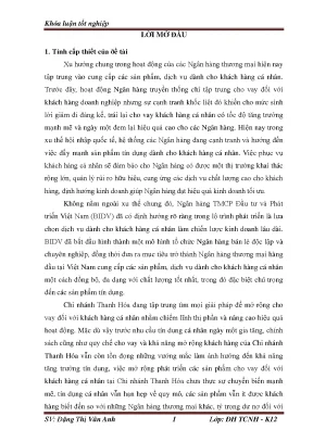 Một số giải pháp mở rộng hoạt động cho vay khách hàng cá nhân tại ngân hàng tmcp đầu tư phát triển việt nam chi nhánh thanh hóa