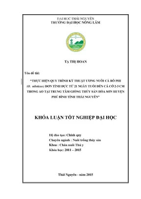 Luận văn thực hiện quy trình kỹ thuật ương nuôi cá rô phi o niloticus đơn tính đực từ 21 ngày tuổi đến cá cỡ 2 3cm trong ao tại trung tâm giống thủy sản hòa sơn