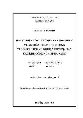 Luận văn hoàn thiện công tác quản lý nhà nước về an toàn vệ sinh lao động trong các doanh nghiệp trên địa bàn các khu công nghiệp đà nẵng