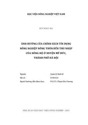 Luận văn ảnh hưởng của chính sách tín dụng nông nghiệp nông thôn đến thu nhập của nông hộ ở huyện mỹ đức thành phố hà nội