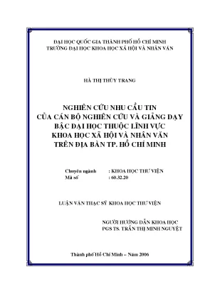 Nghiên cứu nhu cầu tin của cán bộ nghiên cứu và giảng dạy bậc đại học thuộc lĩnh vực khoa học xã hội và nhân văn trên địa bàn tp hồ chí minh