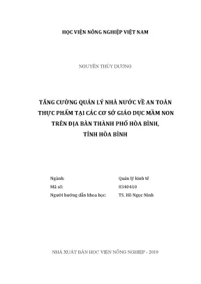 Luận văn tăng cường quản lý nhà nước về an toàn thực phẩm tại các cơ sở giáo dục mầm non trên địa bàn thành phố hòa bình tỉnh hòa bình
