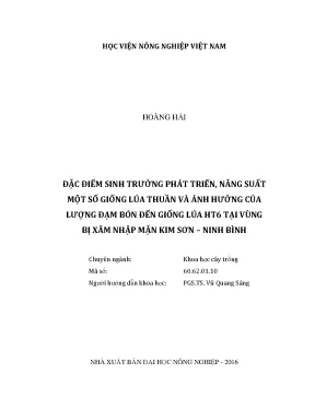 Luận văn đặc điểm sinh trưởng phát triển năg suất một số giống lúa thuần và ảnh hưởng của lượng đạm bón đến giống lúa ht6 tại vùng bị xâm nhập mặn kim sơn ninh bình