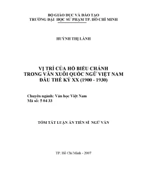 Vị trí của hồ biểu chánh trong văn xuôi quốc ngữ việt nam đầu thế kỷ xx 1900 1930