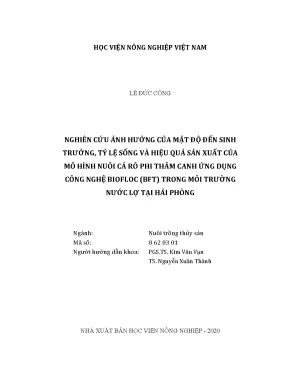 Luận văn nghiên cứu ảnh hưởng của mật độ đến sinh trưởng tỷ lệ sống và hiệu quả sản xuất của mô hình nuôi cá rô phi thâm canh ứng dụng công nghệ biofloc bft trong môi trường nước lợ tại hải phòng