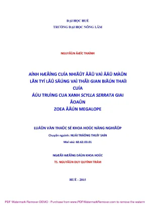 Luận văn ảnh hưởng của nhiệt độ và độ mặn lên tỷ lệ sống và thời gian biến thái của ấu trùng cua xanh scylla serrata giai đoạn zoea đến giai đoạn megalope