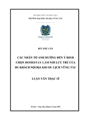 Luận văn các nhân tố ảnh hưởng đến ý định chọn homestay làm nơi lưu trú của du khách nội địa khi du lịch vũng tàu
