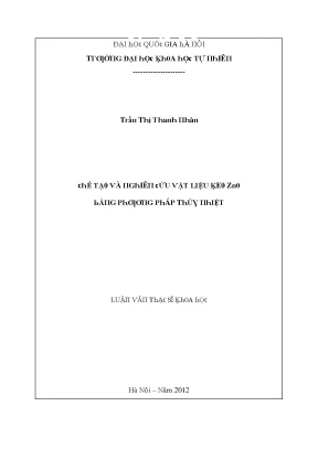 Luận văn thạc sĩ chế tạo và nghiên cứu vật liệu keo zno bằng phương pháp thủy nhiệt vnu lvts004