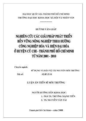 Nghiên cứu các giải pháp phát triển bền vững nông nghiệp theo hướng công nghiệp hóa và hiện đại hóa ở huyện củ chi thành phố hồ chí minh từ năm 2001 2010