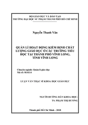 Luận văn quản lí hoạt động kiểm định chất lượng giáo dục ở các trường tiểu học tại thành phố vĩnh long tỉnh vĩnh long