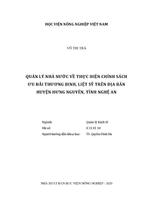 Quản lý nhà nước về thực hiện chính sách ưu đãi thương binh liệt sĩ trên địa bàn huyện hưng nguyên tỉnh nghệ an