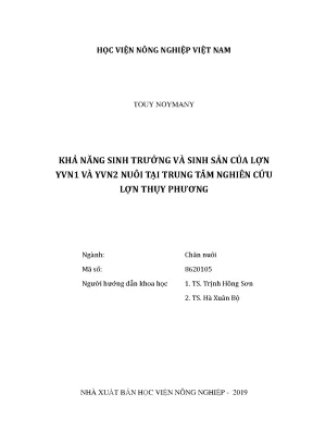Luận văn khả năng sinh trưởng và sinh sản của lợn yvn1 và yvn2 nuôi tại trung tâm nghiên cứu lợn thụy phương