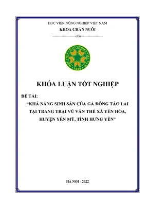 Khả năng sinh sản của gà đông tào lai tại trang trại vũ văn thế xã yên hòa huyện yên mỹ tỉnh hưng yên