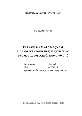Luận văn khả năng sản xuất của lợn nái lai f1 landrace x yorkshire được phối với đực pidu và duroc nuôi trong nông hộ
