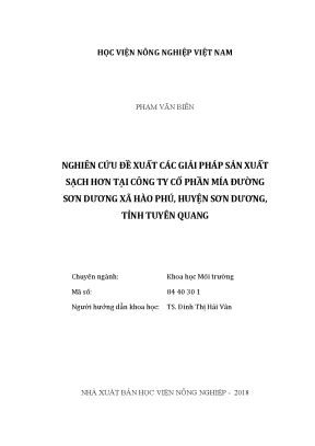 Luận văn nghiên cứu đề xuất các giải pháp sản xuất sạch hơn tại công ty cổ phần mía đường sơn dương xã hào phú huyện sơn dương tỉnh tuyên quang