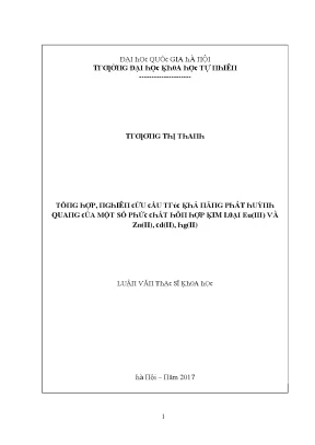 Luận văn thạc sĩ tổng hợp nghiên cứu cấu trúc khả năng phát huỳnh quang của một số hỗn hợp phức chất kim loại eu iii và zn ii cd ii hg ii vnu lvts08w