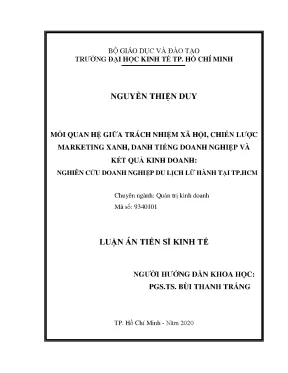 Mối quan hệ giữa trách nhiệm xã hội chiến lược marketing xanh danh tiếng doanh nghiệp và kết quả kinh doanh nghiên cứu doanh nghiệp du lịch lữ hành tại tp hồ chí minh