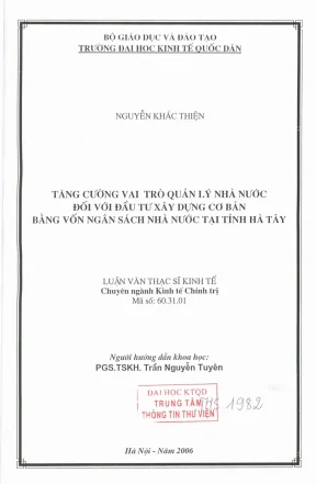 Tăng cường vai trò quản lý nhà nước đối với đầu tư xây dựng cơ bản bằng vốn ngân sách nhà nước tại tỉnh hà tây
