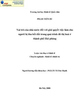 Vai trò của nhà nước đối với giải quyết việc làm cho người bị thu hồi đất trong quá trình đô thị hoá ở thành phố hải phòng