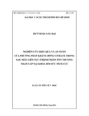 Nghiên cứu hiệu quả và an toàn của phương pháp kháng đông citrate trong lọc máu liên tục ở bệnh nhân tổn thương thận cấp tại khoa hồi sức tích cực full text
