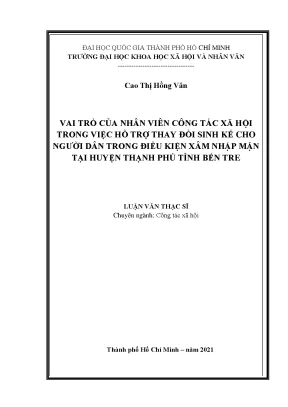 Vai trò của nhân viên công tác xã hội trong việc hỗ trợ thay đổi sinh kế cho người dân trong điều kiện xâm nhập mặn tại huyện thạnh phú tỉnh bến tre
