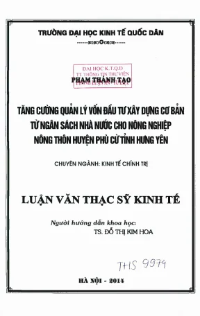 Tăng cường quản lý vốn đầu tư xây dựng cơ bản từ ngân sách nhà nước cho nông nghiệp nông thôn huyện phù cử tỉnh hưng yên