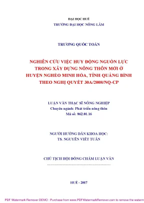 Nghiên cứu việc huy động nguồn lực trong xây dựng nông thôn mới ở huyện nghèo minh hóa tỉnh quảng bình theo nghị quyết 30a