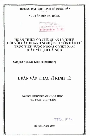 Hoàn thiện cơ chế quản lý thuế đối với các doanh nghiệp có vốn đầu tư trực tiếp nước ngoài ở việt nam lấy ví dụ ở hà nội