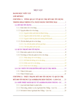Quản trị rủi ro tín dụng tại ngân hàng ngân hàng nông nghiệp và phát triển nông thôn chi nhánh huyện bảo thắng tỉnh lào cai
