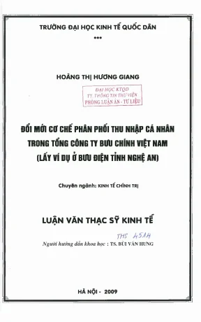 Đổi mới cơ chế phân phối thu nhập trong tổng công ty bưu chính việt nam lẩy ví dụ ở bưu điện tỉnh nghệ an