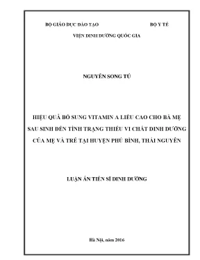 Hiệu quả bổ sung vitamin a liều cao cho bà mẹ sau sinh đến tình trạng thiếu vi chất dinh dưỡng của mẹ và trẻ tại huyện phú bình thái nguyên