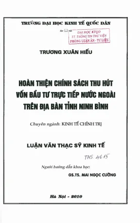 Hoàn thiện chính sách thu hút vốn đầu tư trực tiếp nước ngoài trên địa bàn tỉnh ninh bình