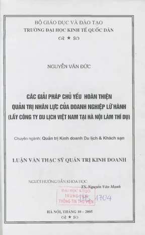 Các giải pháp chủ yếu hoàn thiện quản trị nhân lực của doanh nghiệp lữ hành lấy công ty du lịch việt nam tại hà nội làm thí dụ