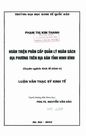 Hoàn thiện phân cấp quản lý ngân sách địa phương trên địa bàn tỉnh ninh bình