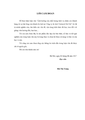 Ảnh hưởng của chất lượng dịch vụ chăm sóc khách hàng tới sự hài lòng của khách du lịch tại công ty du lịch vietravel hà nội