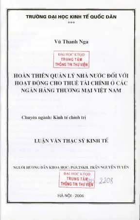 Hoàn thiện quản lý nhà nước đối với hoạt động cho thuê tài chính ở các ngân hàng thương mại việt nam