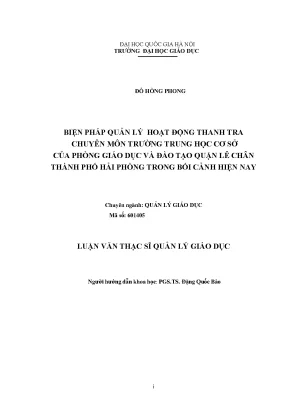 Luận văn thạc sĩ biện pháp quản lý hoạt động thanh tra chuyên môn trường trung học cơ sở của phòng giáo dục và đào tạo quận lê chân thành phố hải phòng trong bối cảnh hiện nay