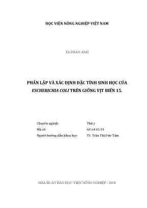 Luận văn thạc sĩ phân lập và xác định đặc tính sinh học của escherichia coli trên giống vịt biển 15