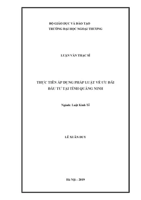 Luận văn thạc sĩ thực tiễn áp dụng pháp luật về ƣu đãi đầu tƣ tại tỉnh quảng ninh