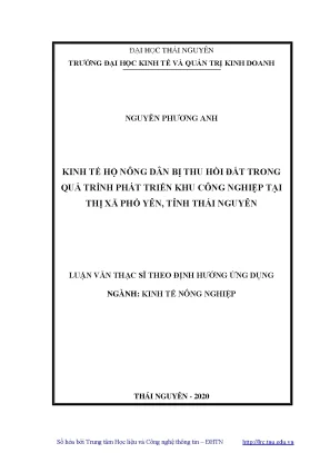 Luận văn thạc sĩ kinh tế hộ nông dân bị thu hồi đất trong quá trình phát triển khu công nghiệp tại thị xã phổ yên tỉnh thái nguyên