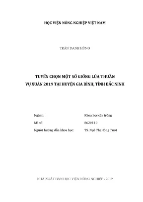 Luận văn thạc sĩ tuyển chọn một số giống lúa thuần vụ xuân 2019 tại huyện gia bình tỉnh bắc ninh