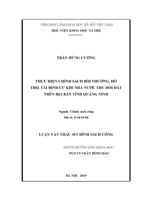 Luận văn thạc sĩ thực hiện chính sách bồi thường hỗ trợ tái định cư khi nhà nước thu hồi đất trên địa bàn tỉnh quảng ninh