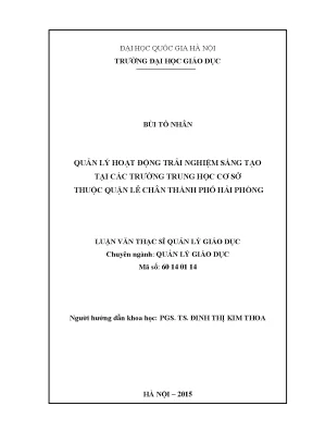 Luận văn thạc sĩ quản lý hoạt động trải nghiệm sáng tạo tại các trường thcs thuộc quận lê chân thành phố hải phòng