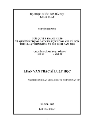 Luận văn thạc sĩ giải quyết tranh chấp về quyền sử dụng đất của vợ chồng khi ly hôn theo luật hôn nhân và gia đình năm 2000
