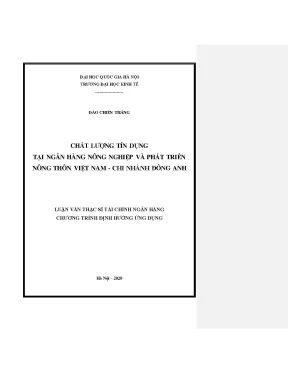 Luận văn thạc sĩ chất lượng tín dụng tại ngân hàng nông nghiệp và phát triển nông thôn việt nam chi nhánh đông anh