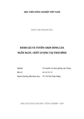 Luận văn thạc sĩ đánh giá và tuyển chọn dòng lúa ngắn ngày chất lượng tại thái bình