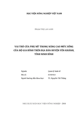 Luận văn thạc sĩ vai trò của phụ nữ trong nâng cao mức sống của hộ gia đình trên địa bàn huyện yên khánh tỉnh ninh bình