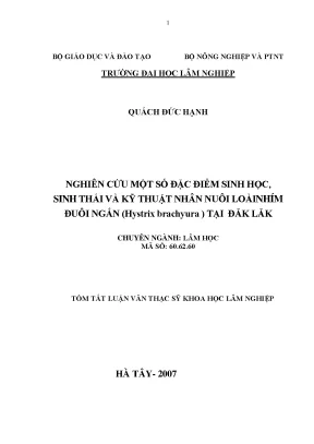 Luận văn thạc sĩ nghiên cứu một số đặc điểm sinh học sinh thái và kỹ thuật nhân nuôi loài nhím đuôi ngắn hystrix brachyura tại đăklăk