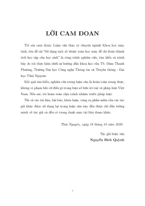 Luận văn thạc sĩ sử dụng một số thuật toán học máy để dự đoán thành tích học tập của học sinh
